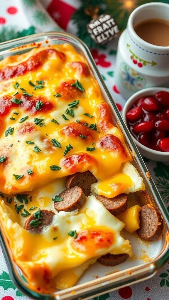 A golden-brown breakfast casserole with cheese and sausage, garnished with herbs, on a festive table setting.
